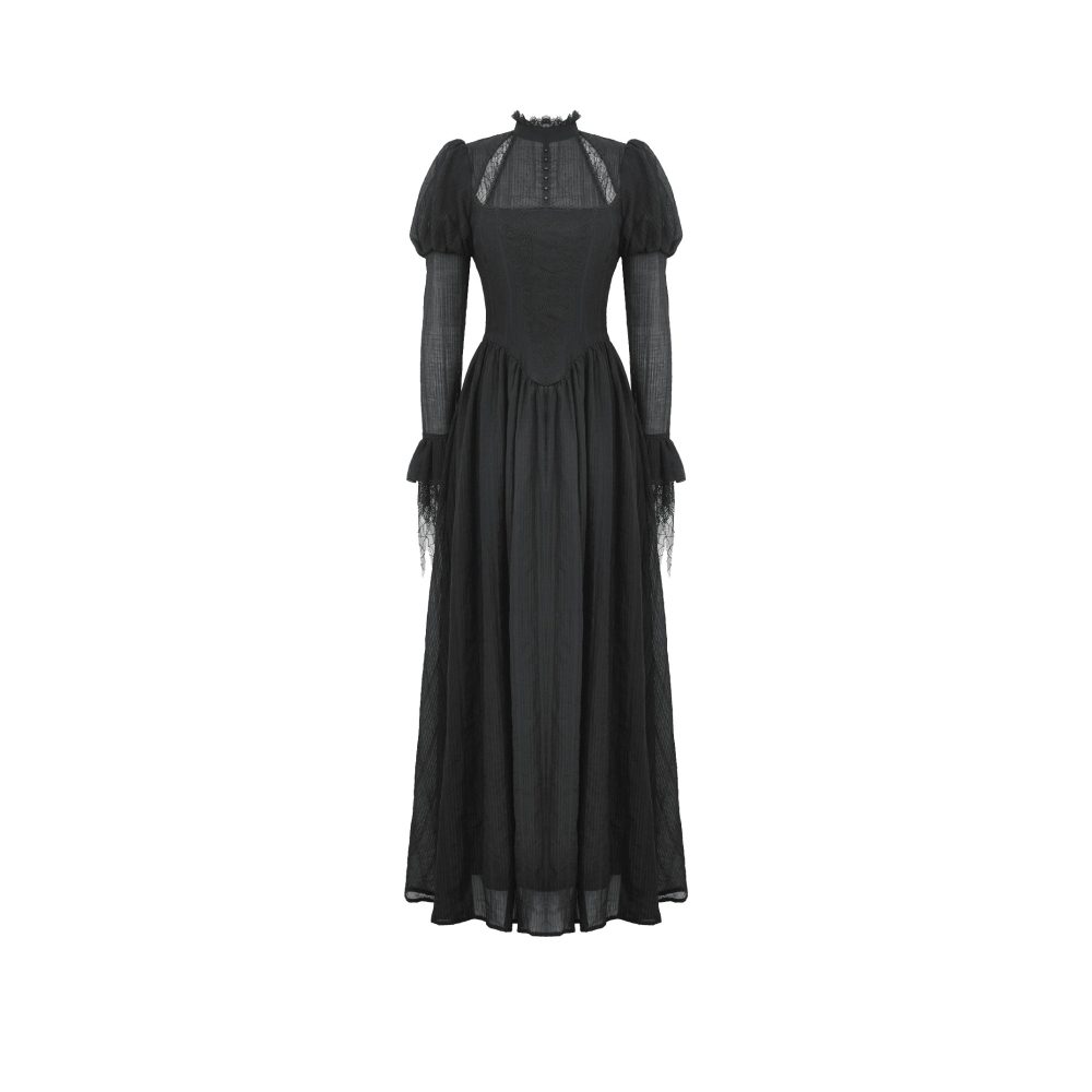Dark in Love - Negative Gothic Spiderweb Patchwork Princess Sleeve Maxi lange jurk - Zwart